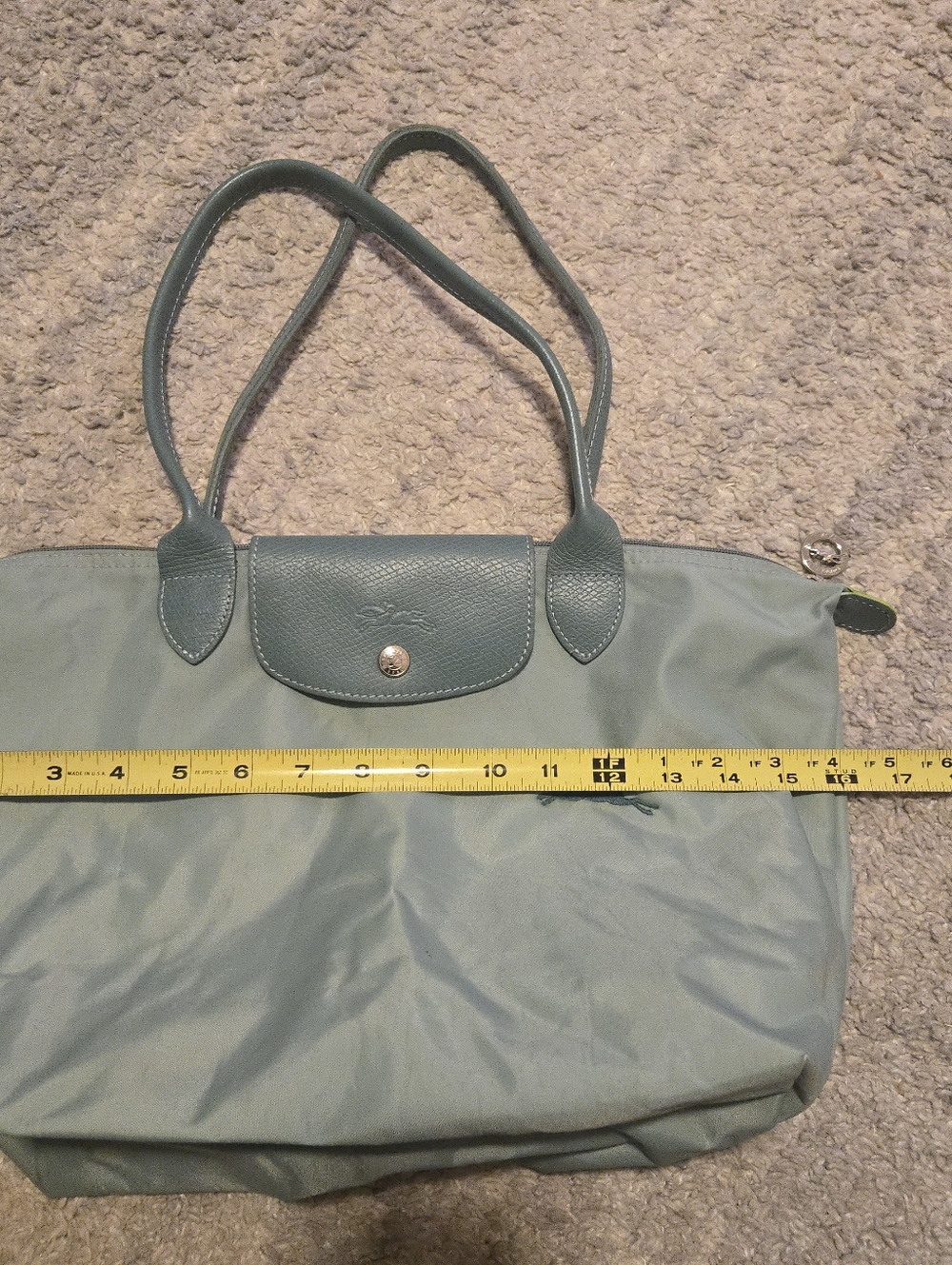 Longchamp Le Pliage Club Medium Shoulder Tote Bag Blue Mist Neon Green Trim - Picture 10 of 15